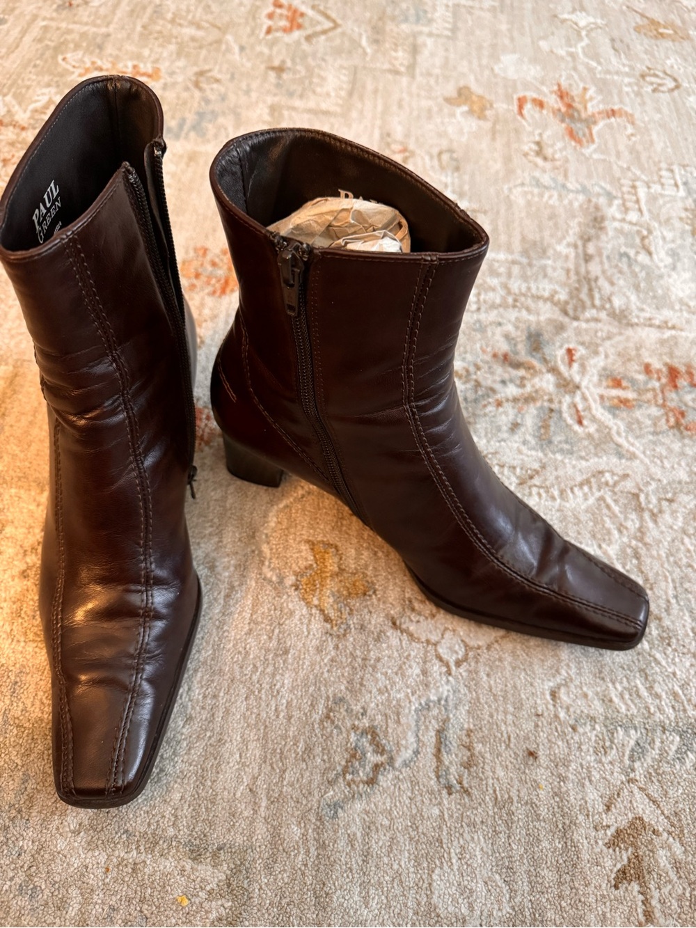 Paul Green Rich Brown Leather Square-Toe Ankle Boots with Side Zip